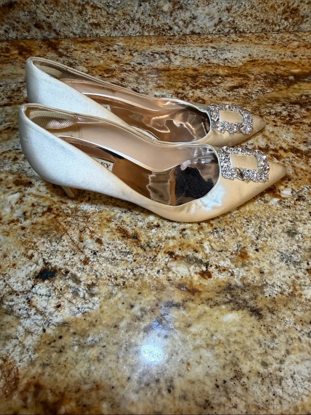 Badgley Mischka Ivory Satin Pointed Toe Embellished Pumps